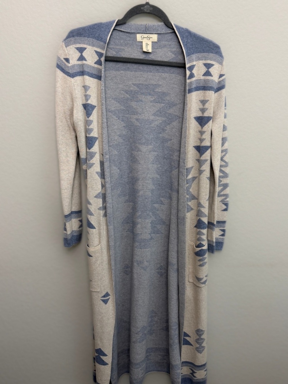 Jessica Simpson Aztec Duster Cardigan Sz M Cream Blue Southwestern Hooded